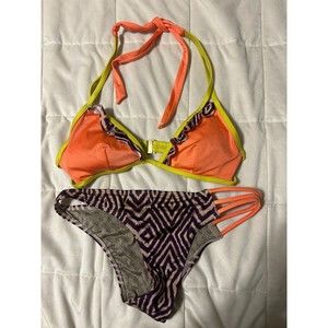 Victoria Secret Bikini Swim Medium Strappy Neon Top Geometric Brazilian Bottom